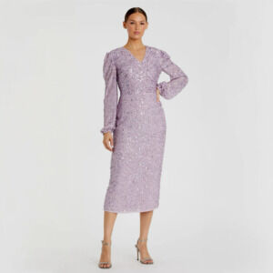 NWT Mac‎ Duggal 107641 Sequin Long Sleeve Midi Dress Size 10 Lavender